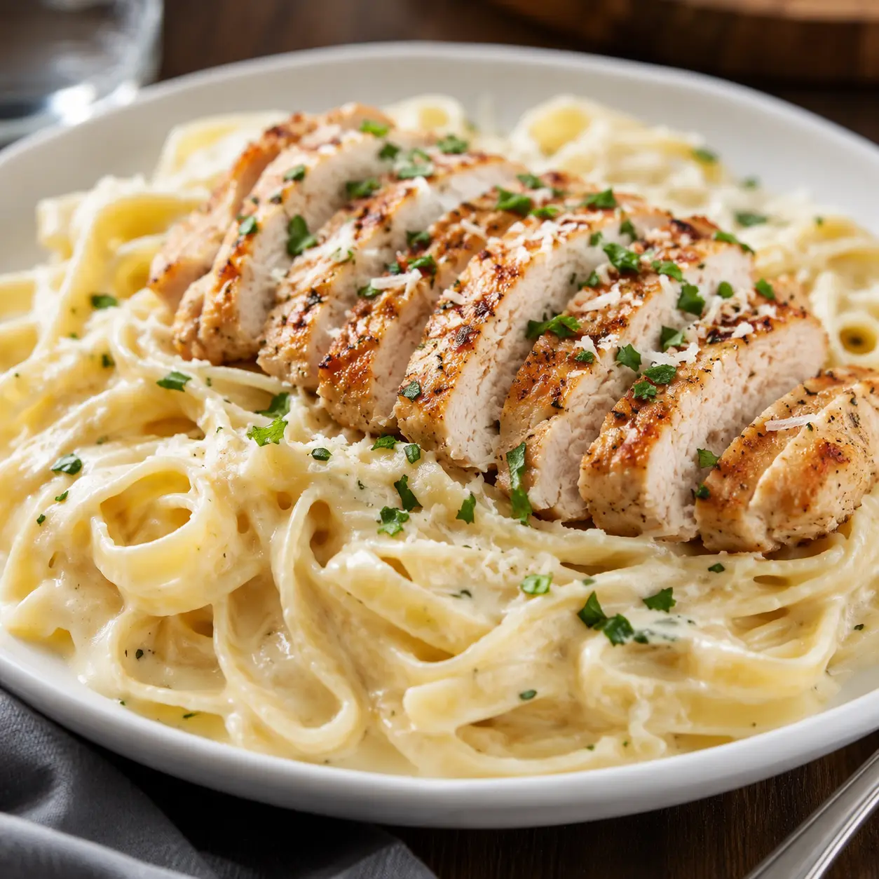 Fettuccine Alfredo con pollo a la parrilla