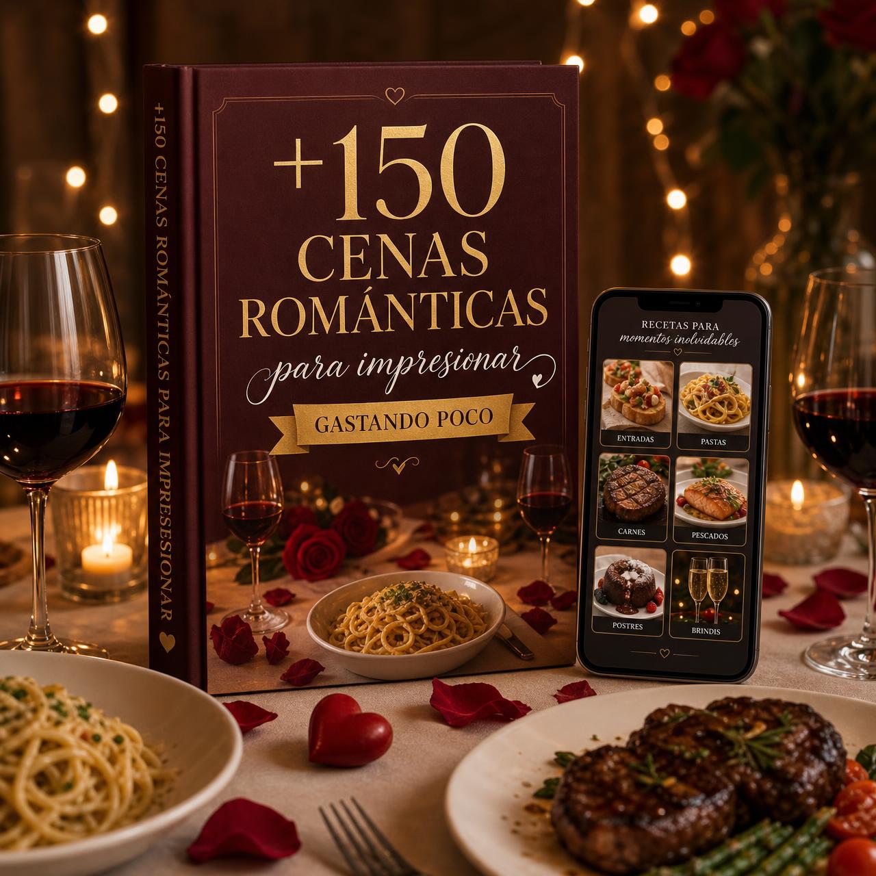 Libro +150 Cenas Románticas junto a una mesa con velas, pastas y copas de vino